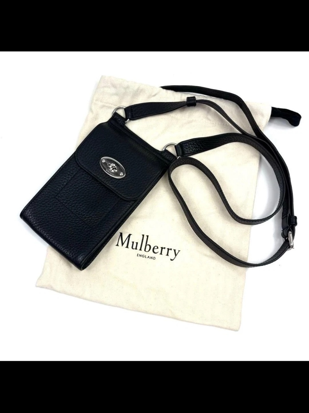 Mulberry Black Pebbled Leather Crossbody Phone Pouch with Silver Lock
